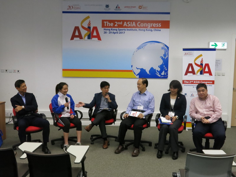 <p>(From left) Professor Chung Pak-kwong, Head and Professor of the Department of Physical Education, Hong Kong Baptist University; Wushu athlete Sham Hui-yu, Ms Peggy Tng, Head of Athlete Services &amp; Development, Singapore Sports Institute; Mr Lai Yiu-keung, Director of Sports Development, Lam Tai Fai College; Dr Yoriko Noguchi of Japan Sport Council, and Mr Tony Choi MH, Deputy Chief Executive of the Hong Kong Sports Institute share views on the subject of striking a balance between sports training and academic studies in a panel discussion.</p>
