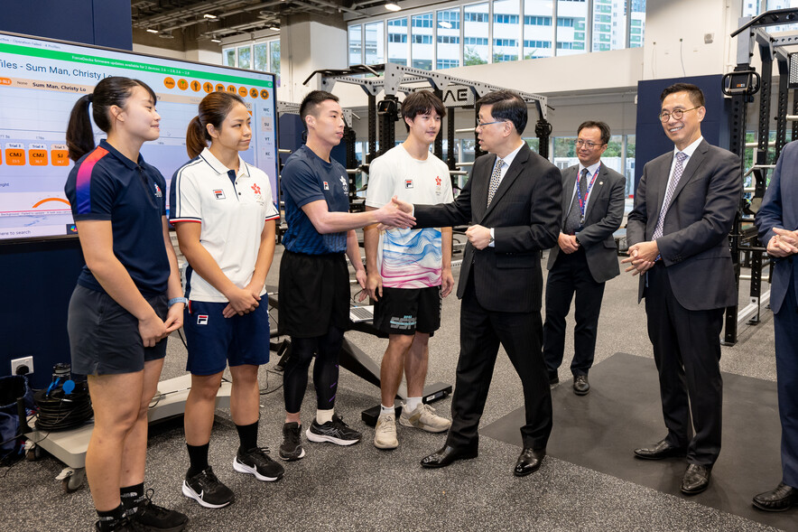 <p><strong>The Hon Mr John Lee Ka-chiu <span style="font-size:75%;">GBM SBS PDSM PMSM</span></strong>, Chief Executive of the HKSAR, interacted with karatedo athletes (from left) Lo Sum-man, Choi Wan-yu, Chau Ka-him and Tang Yu-hin to understand the their experiences with the new venues and how they benefit from the support provided by sports science and medicine.</p>
