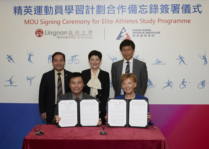 <p>Witnessing by (from right, back row) Mr Yeung Tak-keung JP, Commissioner for Sports; Mrs Fung Ma Kit-han Jenny BBS JP, Vice-Chairman of the HKSI; and Prof Joshua Mok Ka-ho, Vice-President of Lingnan University, Prof Leonard K Cheng BBS JP (left, front row), President of Lingnan University, and Dr Trisha Leahy BBS (right, front row), Chief Executive of the HKSI, sign the MOU for Elite Athletes Study Programme.</p>
